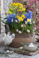 Easter basket with hyacinths, primroses, grape hyacinths, and daffodils, Easter eggs, and ceramic chicken