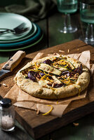 Courgette galette with mascarpone, parmesan, courgette, red onion and lemon zest