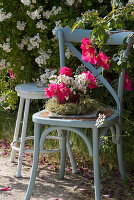 Stuhl und Hocker am Beet mit Büschelrose, Strauß aus Rosen 'Scharlachglut' und Büschelrose in Graskranz