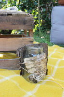 DIY tea light holder made from mason jar wrapped with birch bark