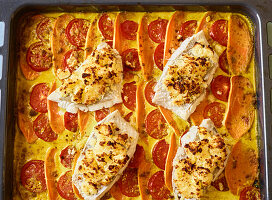 Coconut pollack with sweet potatoes and tomatoes on a baking sheet