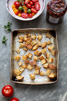 Roast croutons in tray