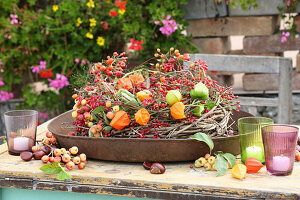 Wreath of woodland vines, physalis and berry twigs