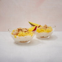 Vegan layered dessert with mango and biscuits