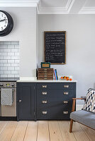 Chalkboard above grey kitchen base unit