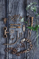 Vintage tools and objects, rustic wooden background