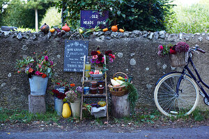 Sales stand with vegetables and flowers on the roadside with bicycle