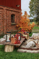 Niedriger Picknicktisch und Kelimteppich mit Kissen in herbstlichem Garten