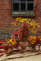 Arrangement of Virginia creepers and rudbeckias in autumn colours on picnic table in garden
