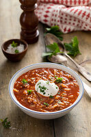 Cabbage roll and tomato soup with ground beef and rice, polish or ukrainian recipe