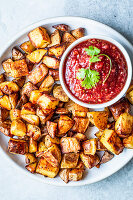 Crispy baked diced potatoes with spicy tomato salsa