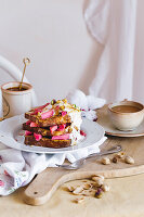 French toast with baked rhubarb and pistachios