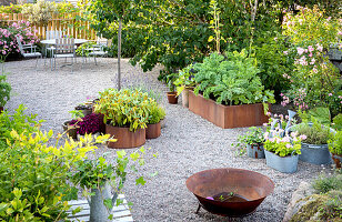 Raised beds in the garden with gravel soil