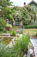 Garten mit Teich und Blick auf grün gestrichenes Wohnhaus