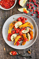 Vegan roasted nutmeg pumpkin with apple and rose hips
