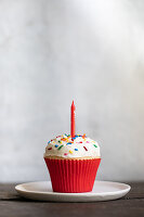 Buttercream cupcake with sugar sprinkles and a candle