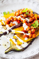 Caribbean patacones with grilled aubergines and chickpeas