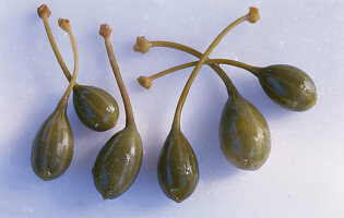 Six capers on a light background