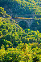 Der gelbe Zug 'Le train jaune' auf der Brücke Pont Séjourné, Ligne de Cerdagne, Vallée de la Têt, Villefranche-de-Conflent, Pyrénées-Orientales, Okzitanien, Frankreich