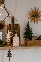 Christmas decorations on a wooden shelf