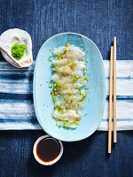 Sea bass sashimi with ponzu sauce and nut butter