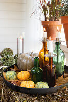 Large frying pan as tray with autumnal decorations