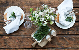Gedeck und Tischdekoration in Grün und Weiß auf rustikalem Holztisch