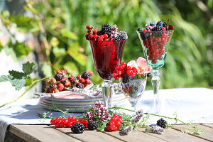 Stielglas mit Beeren gefüllt, als Tischdekoration