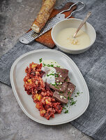 Boiled beef with beetroot mash and fresh horseradish sauce