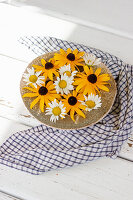 Schale mit Blüten von Rudbeckia und Margeriten