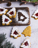Christmas tree biscuits with strawberry jam