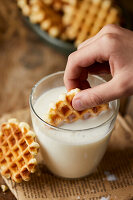 Mini waffles dipped in milk