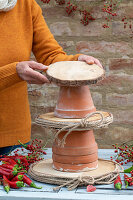Homemade cake stand made of clay pots and wooden discs with rose hips