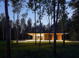View from the forest to the illuminated family house at dusk
