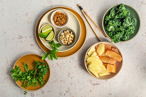 Ingredients for Thai inspired pomelo salad with kale