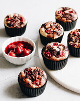 Vegan chocolate cherry muffins sweetened with agave syrup