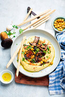 Hummus with fresh mushrooms and roasted chickpeas