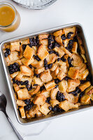 Baked bread pudding with golden raisins