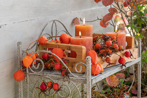 Wooden box with candles, lantern flower (Physalis Alkekengi), rose hips of the potato rose (Rosa rugosa) as terrace decoration in autumn