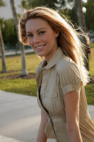 Blonde woman in light blouse dress outside