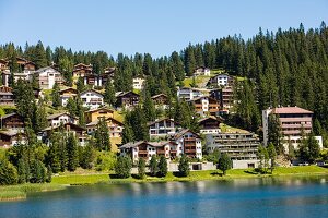 Chalets around the lake of arosa, arosa stausee, urbanism, mountain resort, resort of arosa, canton of the grisons, switzerland