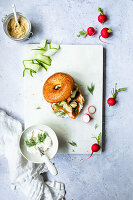 Bagel with lox, cucumber, dill and cream cheese