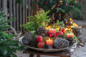 Adventsdekoration im Garten, Schale aus Äpfeln, Zapfen, Kerzen und Winterkranz