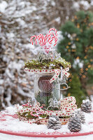 Weihnachtsetagere aus Baumscheiben mit Moos, Weihnachtskugeln im Glas, Zuckerstangen und Schleifen auf verschneitem Gartentisch