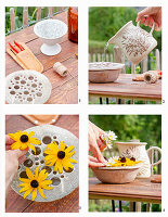 Flower arrangement in a pottery bowl with a plug-in aid