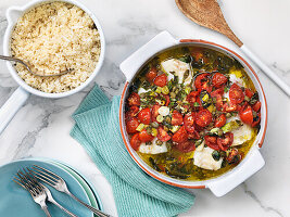 Cod with tomatoes, capers, and leeks