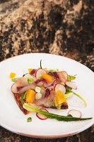 Raw mullet salad with radishes and asparagus chicory
