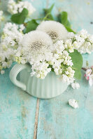 Strauß aus Flieder (Syringa) und Pusteblumen (Taraxum) in Steinkrug