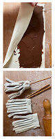 Making chocolate brooms made from puff pastry