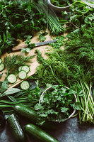 Fresh herbs and cucumber